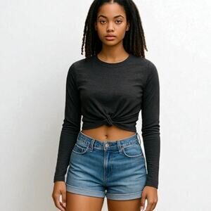 2/$15 Zara Twist Front Crop Top Charcoal Gray Long Sleeve Size S